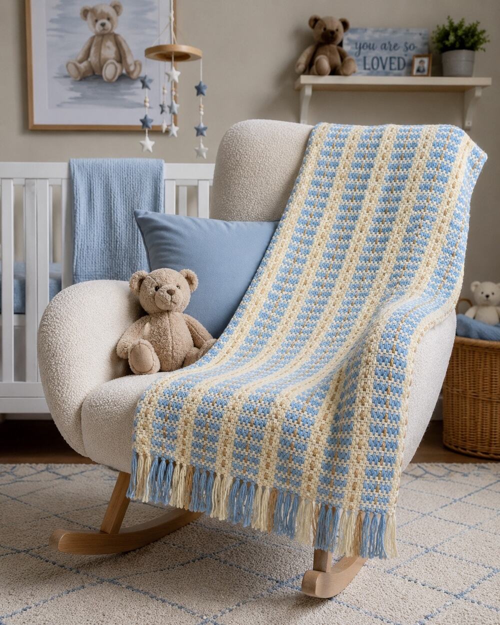 Vintage Hand Woven Afghan Throw Blanket – Baby Blue, Cream & Taupe 66” x 42”